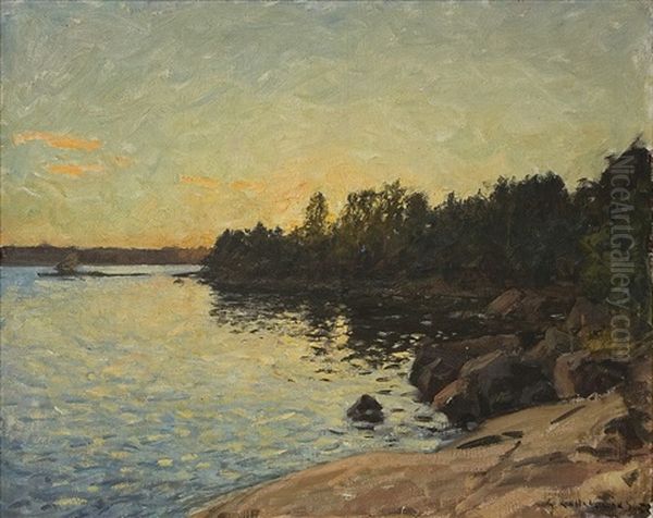 Skargardsvik Med Klipphallar Och Trad Oil Painting by Gottfried Kallstenius