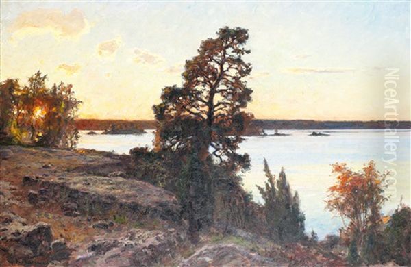 Skargardslandskap I Solnedgang Oil Painting by Gottfried Kallstenius