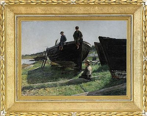 Vardag Vid Slipen - Mor Med Soner Vid Fiskebat Oil Painting by Gottfried Kallstenius