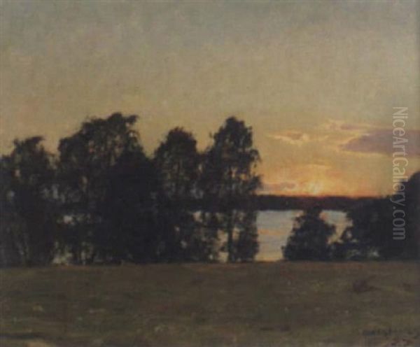 Solnedgang I Insjolanskap Oil Painting by Gottfried Kallstenius