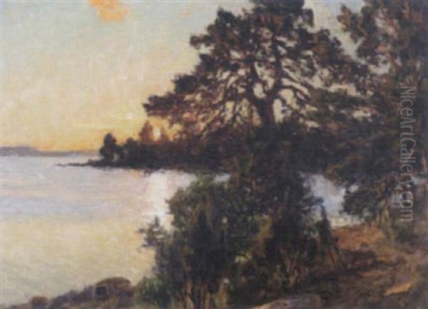 Sjolandskap Med Tallar - Solnedgang Oil Painting by Gottfried Kallstenius