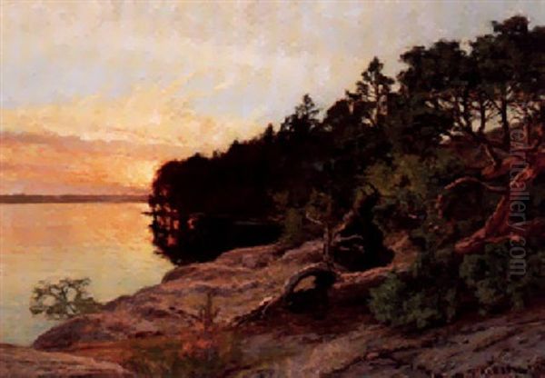 Solbelyst Skargardslandskap Oil Painting by Gottfried Kallstenius