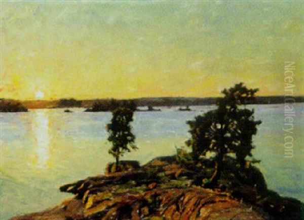 Klippig Skargard I Solnedgang Oil Painting by Gottfried Kallstenius