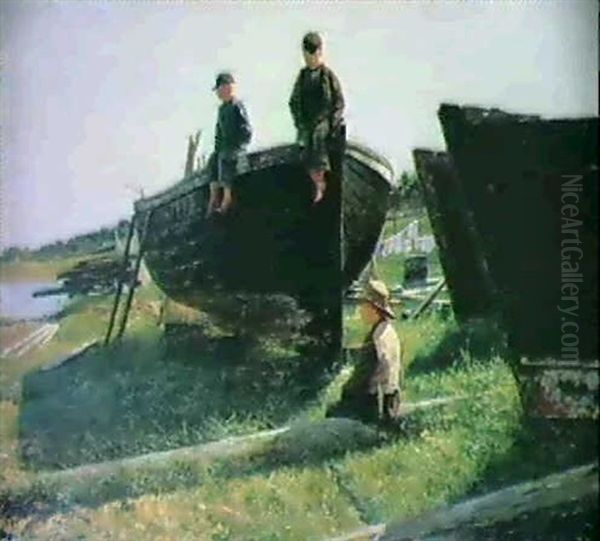 Pojkar Vid Batvarv Oil Painting by Gottfried Kallstenius