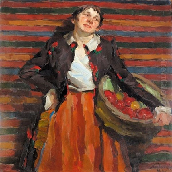 Frau Mit Obstkorb Oil Painting by Peter Kalman