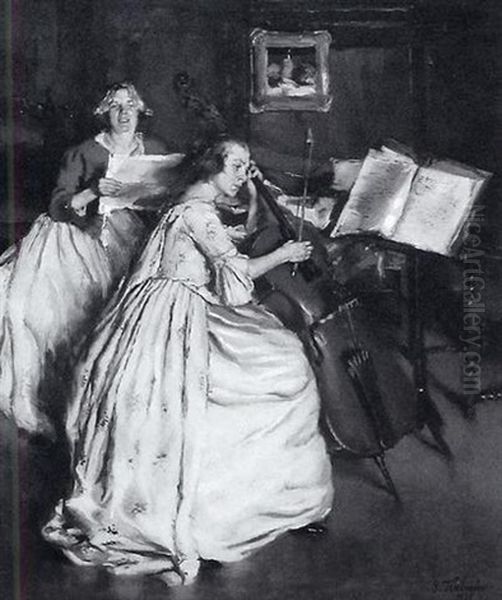 Zwei Damen Bei Der Hausmusik Oil Painting by Peter Kalman