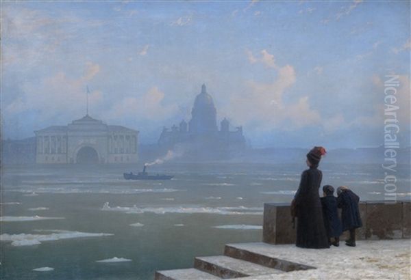 Floating Of Ice On The Neva River Oil Painting by G.O. Kalmykov