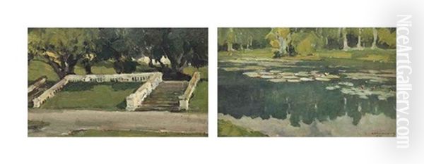 Study Of Water Lilies; And Study Of Garden Steps Oil Painting by Ivan Leonardovich Kalmykov