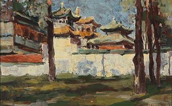 Scene From Hangzhou With A Bridge Over A River (+ Scene From Chinese City, In The Foreground A Garden With Tall Trees, Oil On Paper; 2 Works) Oil Painting by Ivan Leonardovich Kalmykov