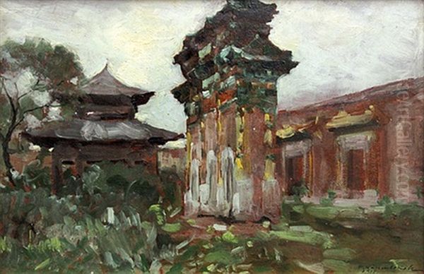 Chinese Temple Oil Painting by Ivan Leonardovich Kalmykov