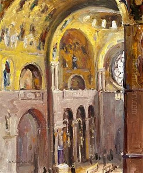 Interior Of A Catholic Church Oil Painting by Ivan Leonardovich Kalmykov