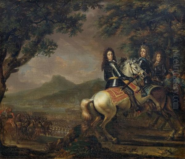 Three Military Leaders On Horseback Positioned On A Hill Before The Troops Oil Painting by Barend Van Kalraet