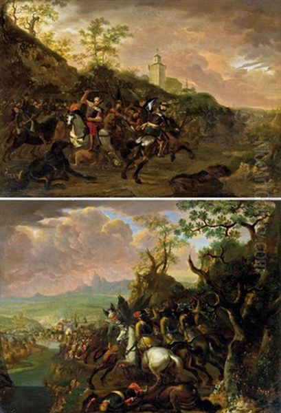 Reiterscharmutzel Auf Einer Anhohe Vor Einer Okkupierten Stadtbefestigung (+ Schlacht Vor Einer Burg; Pair) Oil Painting by Barend Van Kalraet