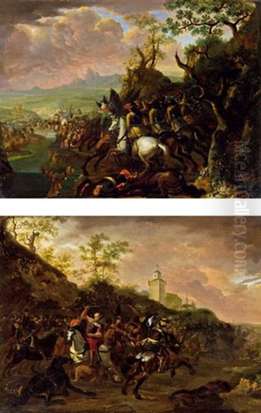 Turkenschlacht - Reiterscharmutzel Auf Einer Anhohe Vor Einer Okkupierten Stadtbefestigung (+ Schlacht Vor Einer Burg, Pair) Oil Painting by Barend Van Kalraet