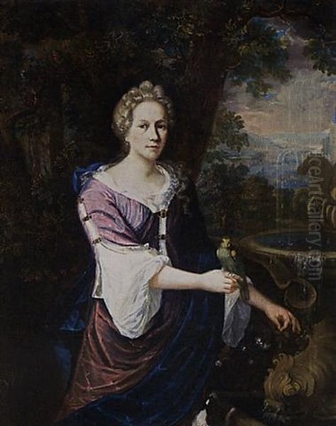 A Portrait Of A Lady Near A Fountain, Wearing A Purple Dress With White Undergarment And A Blue Shawl, Holding A Parrot On Her Right Hand, A Dog In The Foreground Oil Painting by Barend Van Kalraet