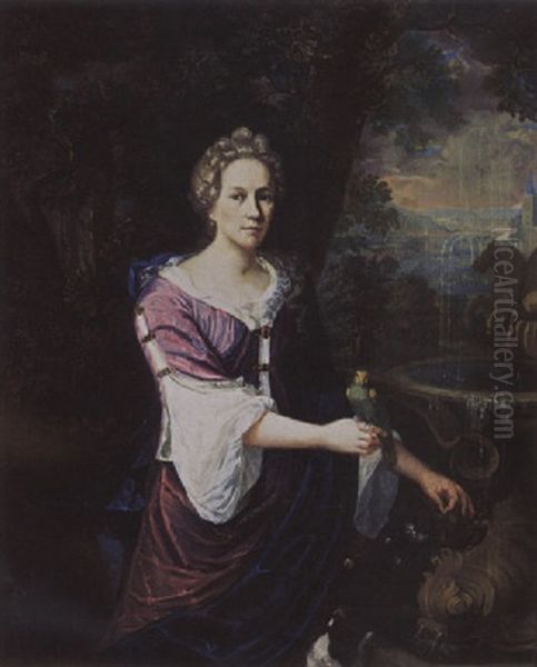 A Portrait Of A Lady, Near A Fountain, Wearing A Purple Dress With White Undergarment And A Blue Shawl, Holding A Parrot Oil Painting by Barend Van Kalraet