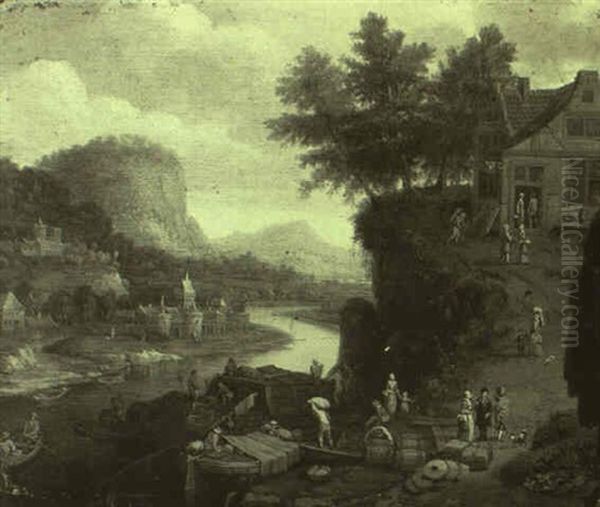 Rhenish Landscape With Merchants Loading A Barge Oil Painting by Barend Van Kalraet