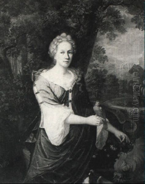 Portrait Of A Lady Holding A Parakeet Near A Fountain Oil Painting by Barend Van Kalraet