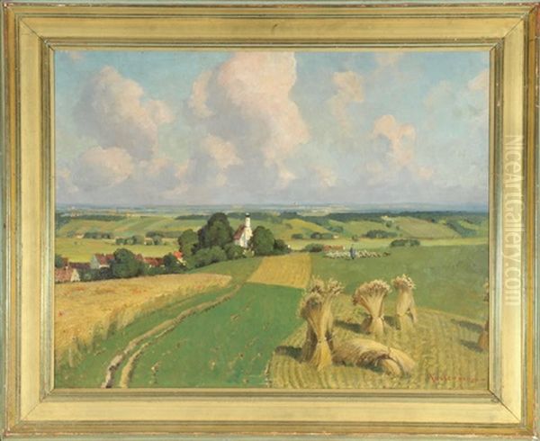 Landliche Gegend Mit Schafer Und Herde, Im Vordergrund Getreidehocken Oil Painting by Karl Kaltenmoser