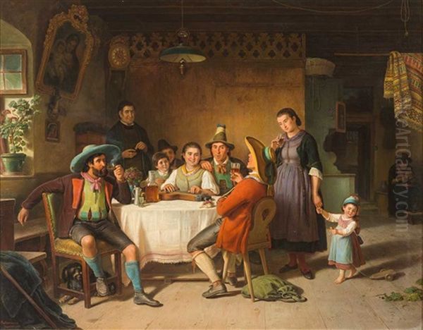 Tiroler Familie Im Festtagsstaat Lauscht Dem Zitherspiel Eines Madchens Und Dem Gesang Eines Jungen Mannes Oil Painting by Kaspar Kaltenmoser