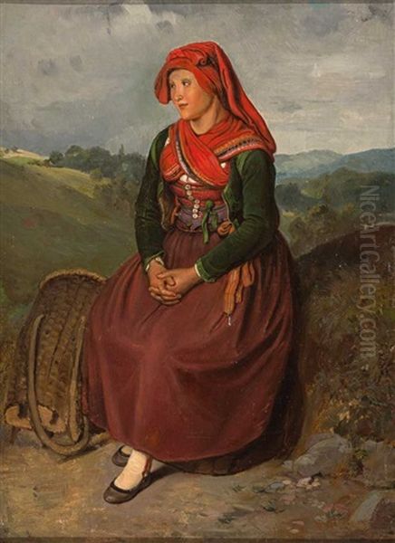 Sitzende Frau In Tracht Vor Hugeliger Landschaft Oil Painting by Kaspar Kaltenmoser