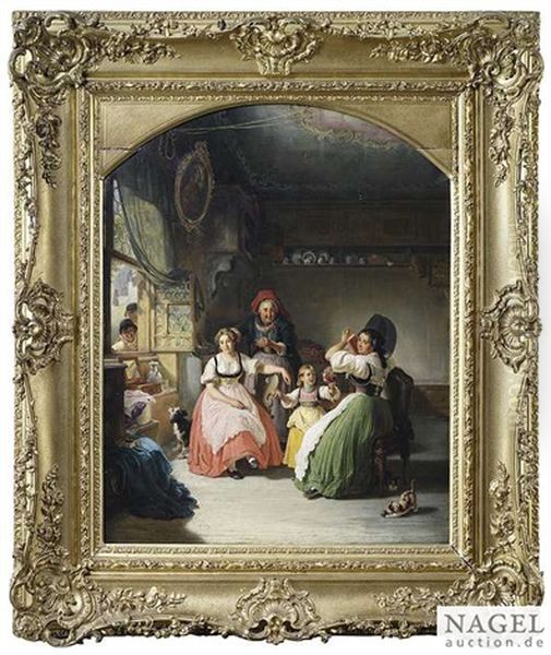 Before Churchgoing, Interior Of A Parlour Dressing Her Daughter's And Grandchild's Hair Oil Painting by Kaspar Kaltenmoser