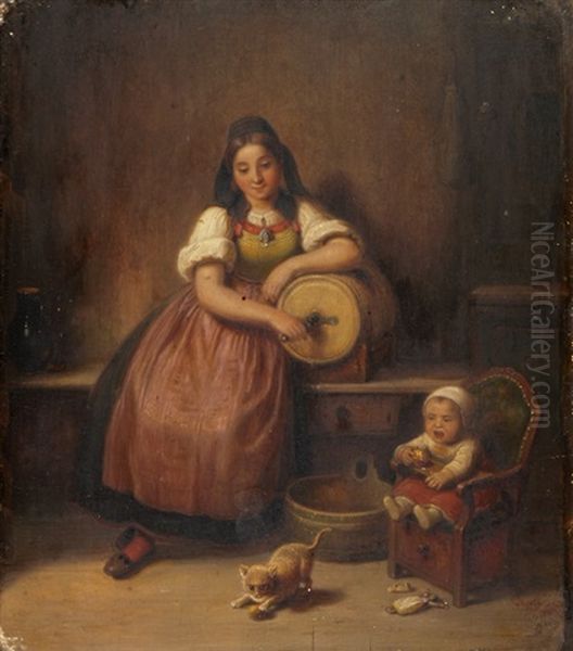 Junge Mutter Mit Kleinkind Und Spielender Katze Oil Painting by Kaspar Kaltenmoser