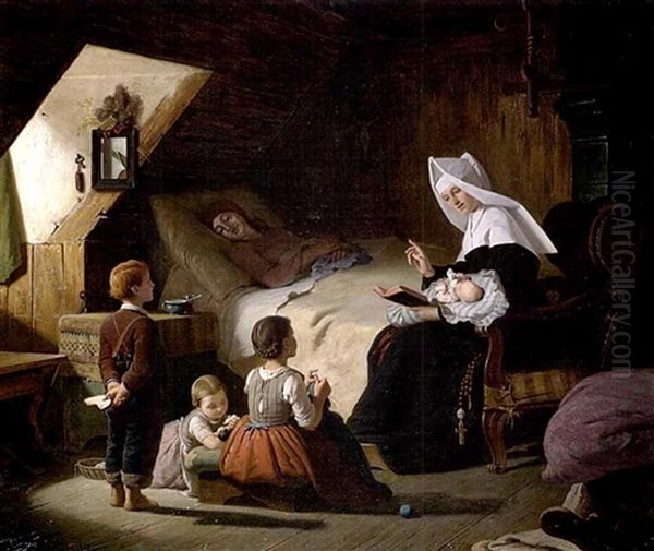 Kinder Und Eine Nonne Bei Der Kranken Mutter In Der Stube Oil Painting by Max Kaltenmoser