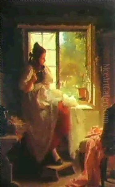 Madchen Am Fenster Oil Painting by Max Kaltenmoser