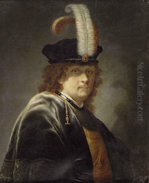 Herr Mit Federbarett (in The Style Of Govert Flinck) Oil Painting by Joseph Kaltner