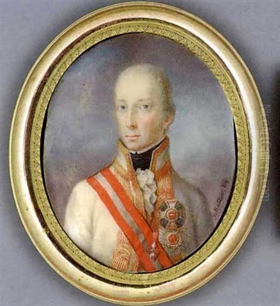 Francis Ii, Holy Roman Emperor And Emperor Of Austria, In White Coat With Gold-striped Facings And Collar, Frilled Cravat And Black Stock, Wearing The Jewel Of The Order Of The Golden Fleece... Oil Painting by Joseph Kaltner