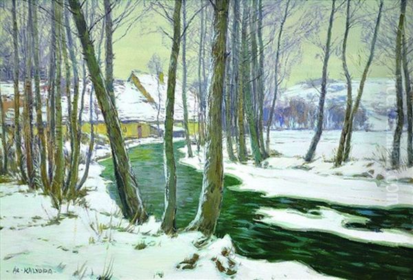 Stream At Winter Oil Painting by Alois Kalvoda