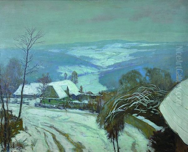 Cottages In Winter Oil Painting by Alois Kalvoda