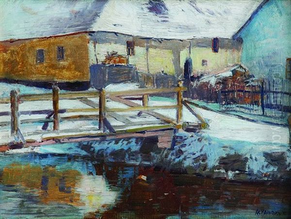 Winter In Village Oil Painting by Alois Kalvoda