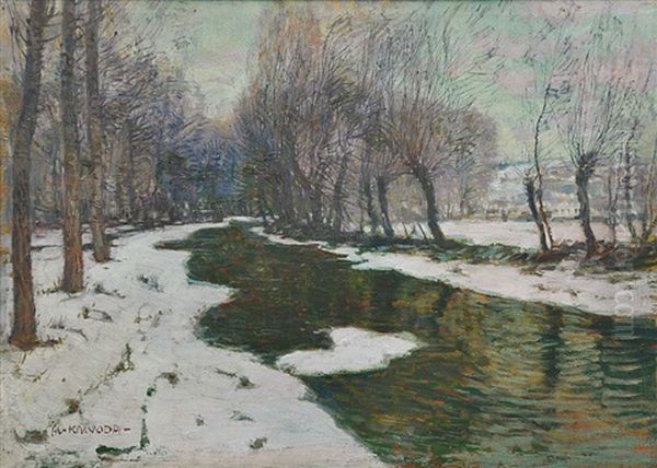 Creek In Winter Oil Painting by Alois Kalvoda