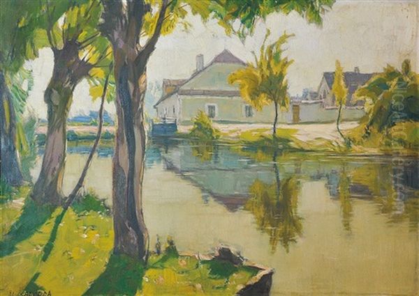 Summer Village Green With A Pond Oil Painting by Alois Kalvoda