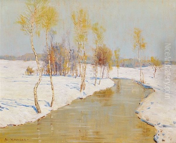 Winter Stream With Birch Trees Oil Painting by Alois Kalvoda