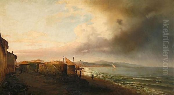 Una Playa De Barcelona, Quizas La Marbella Oil Painting by Aquiles Battistruzzi