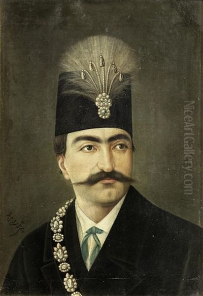 Nasr Al-din Shah Qajar (reg. 1848-96) Oil Painting by Muhammad Kamal-Al-Mulk