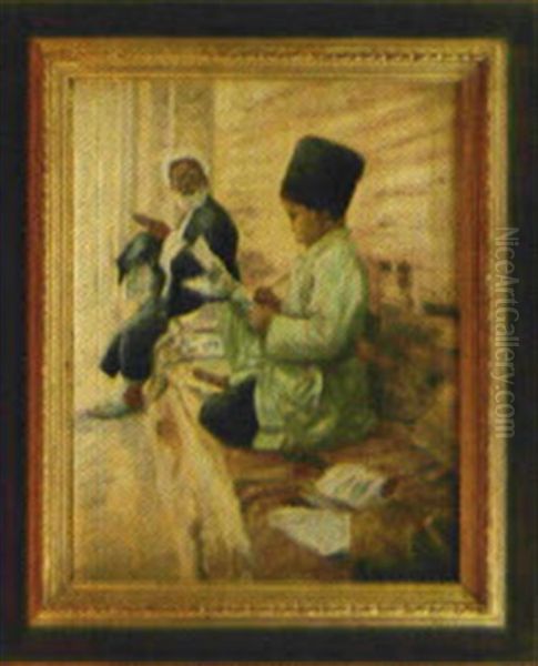 Ein Persischer Mann Und Ein Junge Auf Einer Sitzbank Vor Einem Haus Oil Painting by Muhammad Kamal-Al-Mulk