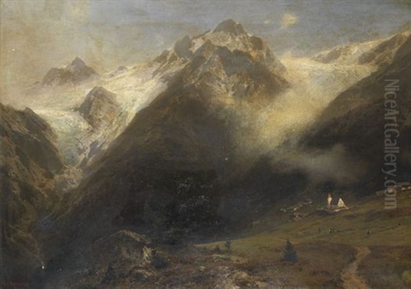 Berglandschaft Mit Kleinem Ort Und Zwei Gletschern Oil Painting by Otto von Kameke