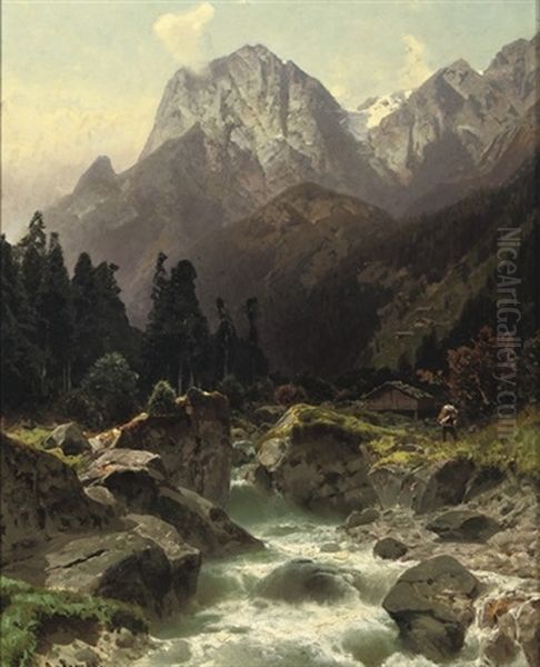 Along A Alpine River Oil Painting by Otto von Kameke