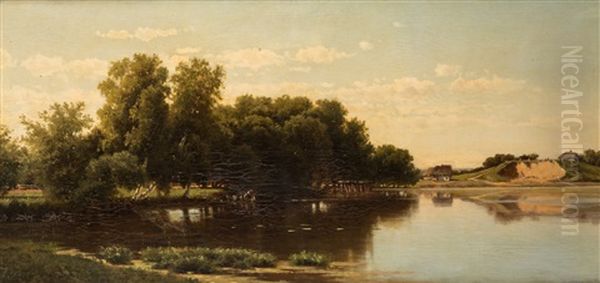 A River Landscape With A Washerwoman by Lev L'vovich Kamenev