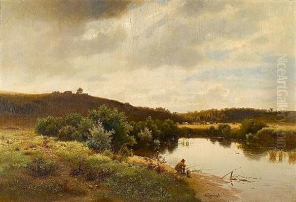 Fishing On The Kazanka River, Near The Volga Oil Painting by Lev L'vovich Kamenev