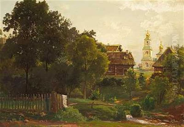 Russisk Landsby. I Baggrunden En Kirke Med Tarne Oil Painting by Lev L'vovich Kamenev