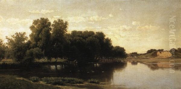 River Landscape With A Washerwoman Oil Painting by Lev L'vovich Kamenev