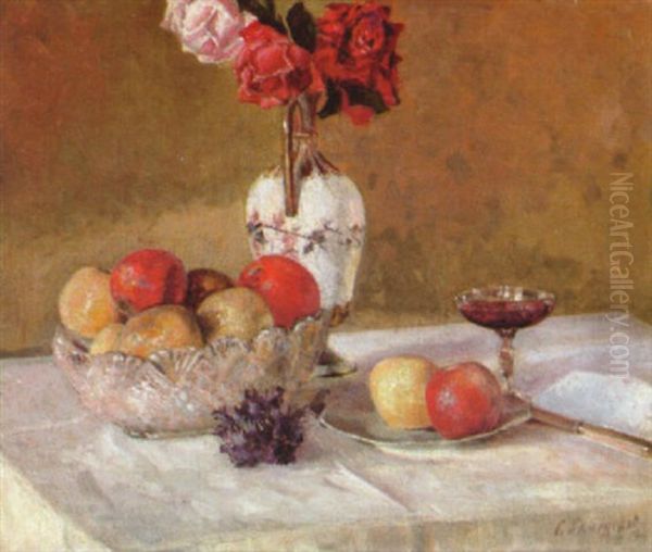 Fruchtestilleben Mit Ziergegenstanden Und Einem Rosenstrauss Oil Painting by Stepan Timofejewitsch Kamenskij