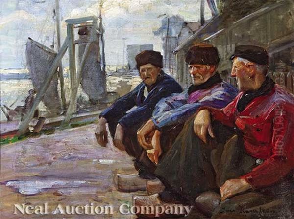 Dockworkers On A North Sea Wharf Oil Painting by Ivar Kamke