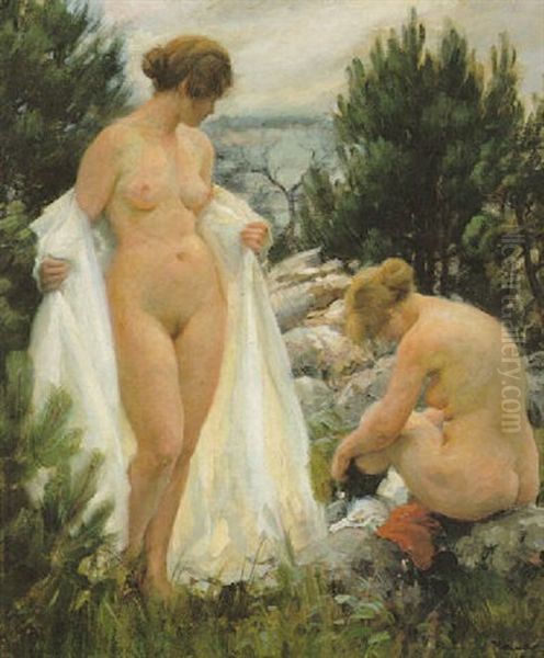 Nudes By A Lake Oil Painting by Ivar Kamke