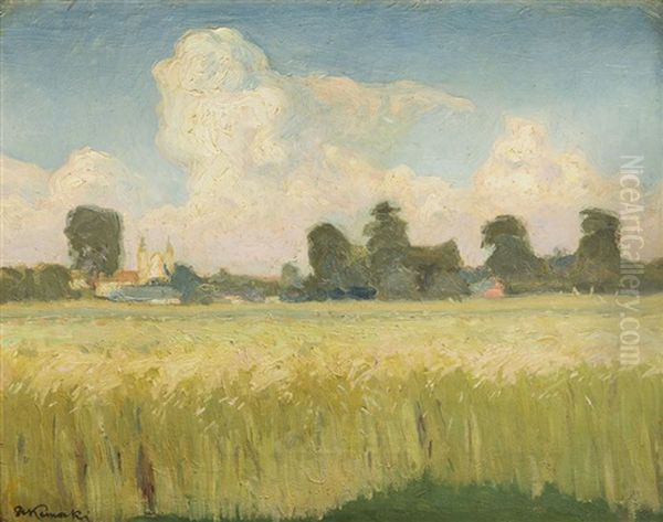 Landscape With Standing Corn Oil Painting by Stanislaw Kamocki